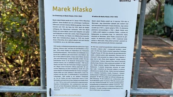 Tafel am Wiesbadener Sterbehaus erinnert an den polnischen Autor Marek Hłasko